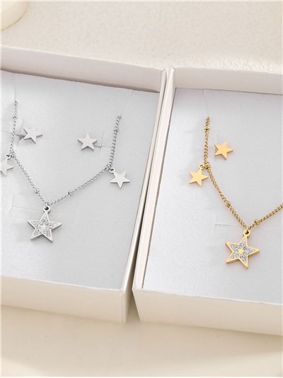 Conjunto de collar cadena charm estrellas con circonitas + Pendientes - Acero inoxidable 2