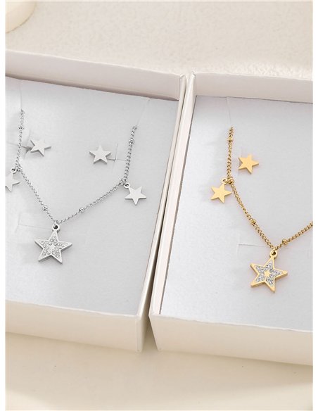 Conjunto de collar cadena charm estrellas con circonitas + Pendientes - Acero inoxidable