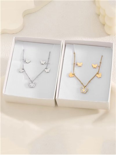 Conjunto de collar cadena charm mariposas con circonitas + Pendientes - Acero inoxidable