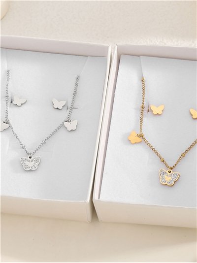 Conjunto de collar cadena charm mariposas con circonitas + Pendientes - Acero inoxidable 2