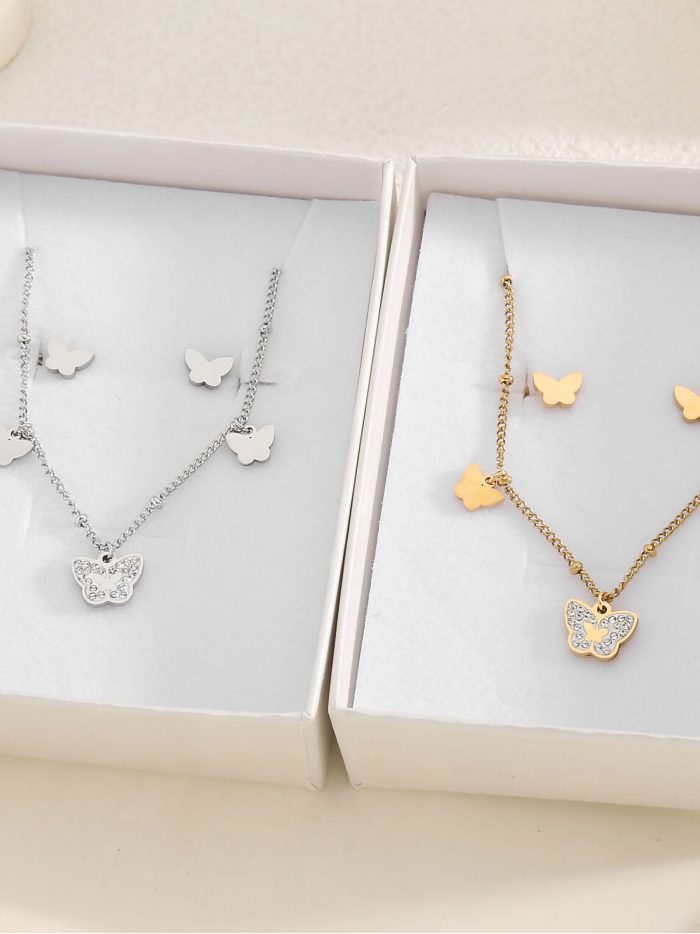 Conjunto de collar cadena charm mariposas con circonitas + Pendientes - Acero inoxidable