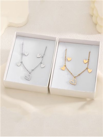 Conjunto de collar cadena charm corazones con circonitas + Pendientes - Acero inoxidable
