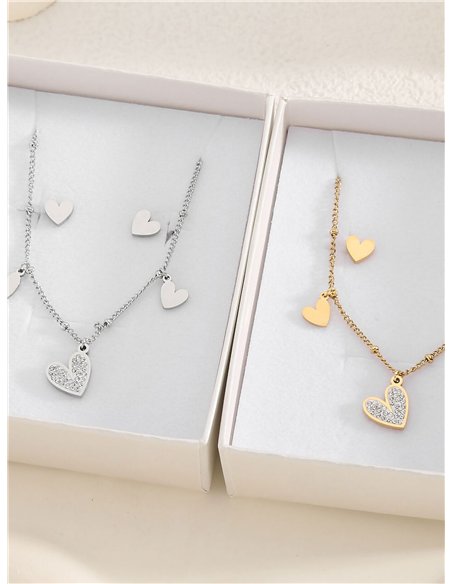 Conjunto de collar cadena charm corazones con circonitas + Pendientes - Acero inoxidable