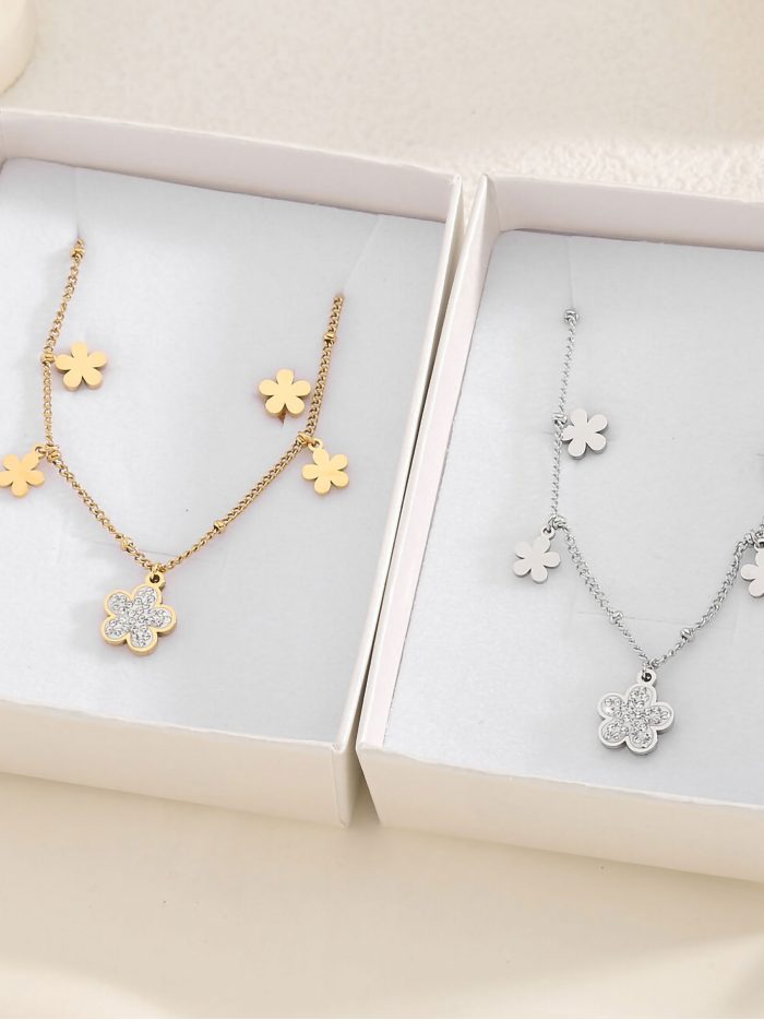 Blumen Charm Halskette mit Zirkonia + Ohrringe - Edelstahl