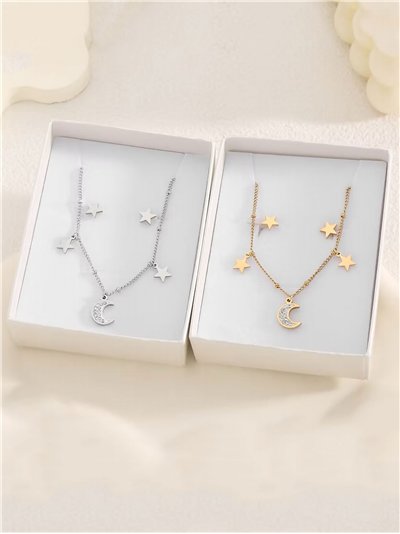 Conjunto de collar cadena charm estrella y luna con circonitas + Pendientes - Acero inoxidable
