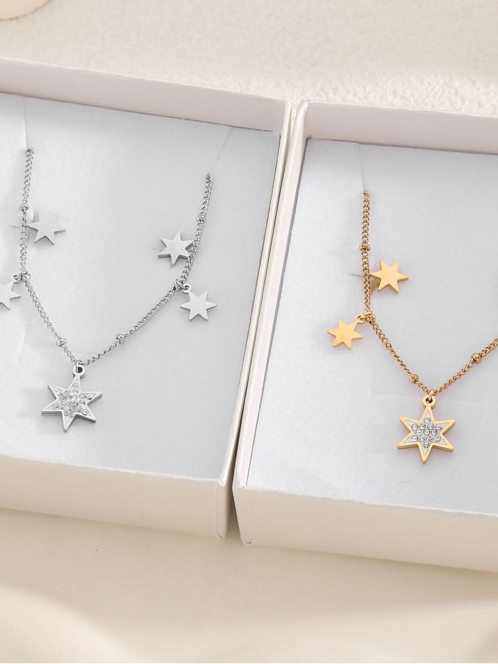 Conjunto de collar cadena charm estrellas con circonitas + Pendientes - Acero inoxidable