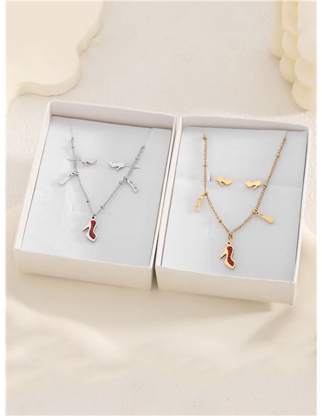 Conjunto de collar cadena charm tacón con circonitas + Pendientes - Acero inoxidable