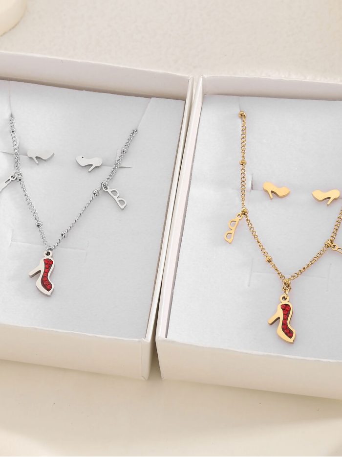 Set Halskette Kette Charm Absatz mit Zirkonia + Ohrringe - Edelstahl