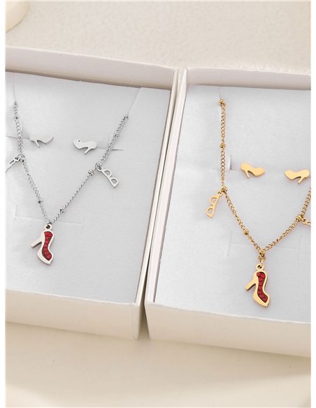 Conjunto de collar cadena charm tacón con circonitas + Pendientes - Acero inoxidable
