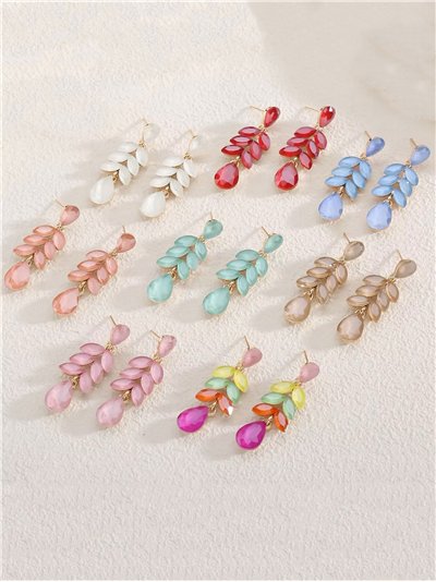 Pendientes largos fiesta hojas con pedrería - Acero inoxidable