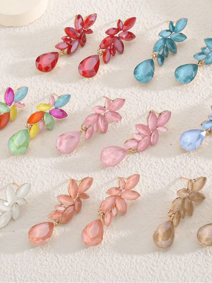 Pendientes largos fiesta hojas con pedrería - Acero inoxidable