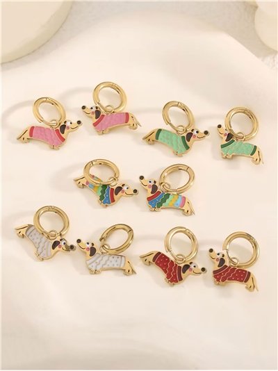 Pendientes aros colgantes con perro salchicha esmaltado - Acero inoxidable