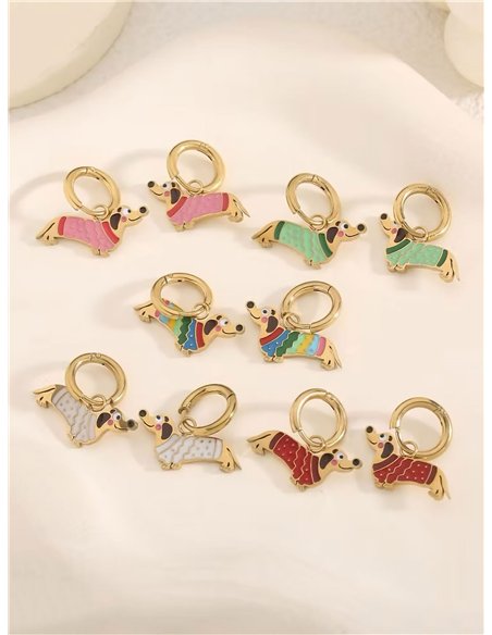 Pendientes aros colgantes con perro salchicha esmaltado - Acero inoxidable