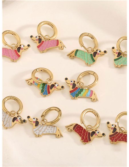 Pendientes aros colgantes con perro salchicha esmaltado - Acero inoxidable