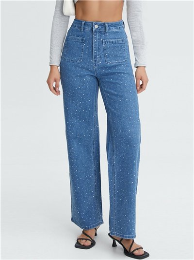 Jeans rectos strass bolsillos