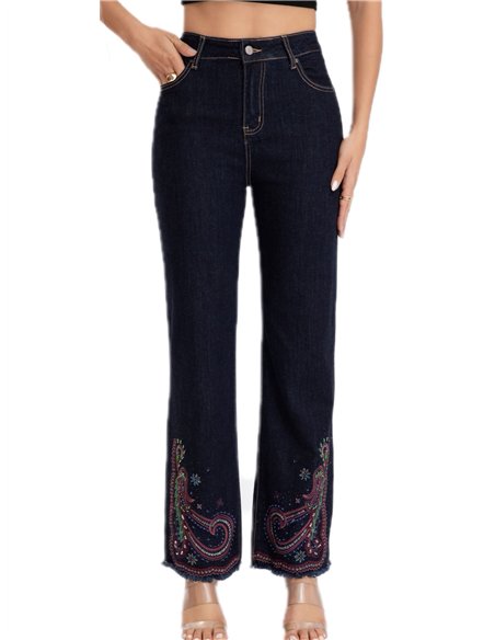 Jeans rectos bordados abalorios