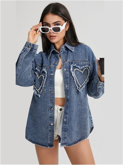 Sobrecamisa denim corazones con pedrería