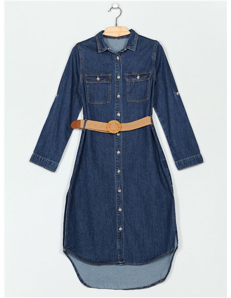 Belted denim dress with a side vent