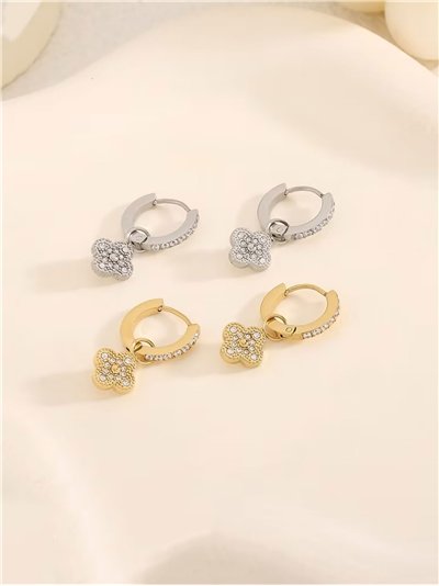 Pendientes aros colgantes trébol con circonitas  - Acero inoxidable