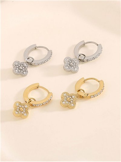 Pendientes aros colgantes trébol con circonitas  - Acero inoxidable 2