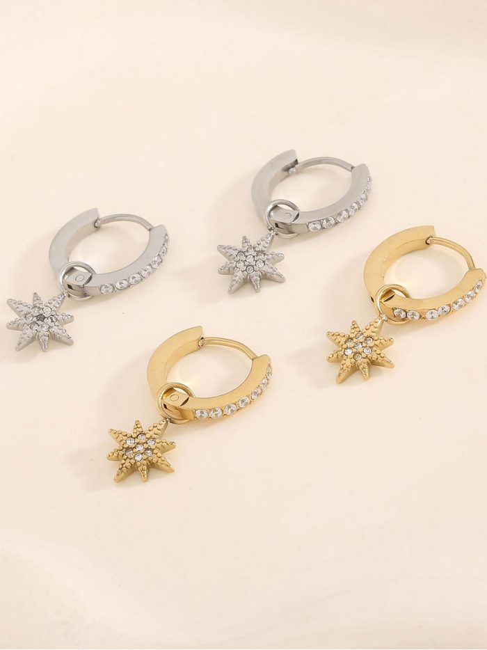 Pendientes aros colgantes estrella con circonitas  - Acero inoxidable