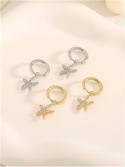 Pendientes aros colgantes estrella de mar con circonitas  - Acero inoxidable