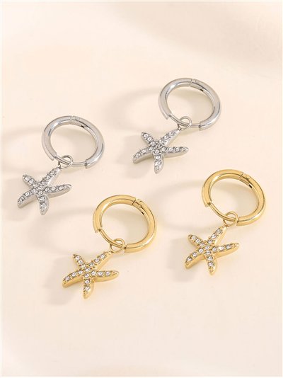 Pendientes aros colgantes estrella de mar con circonitas  - Acero inoxidable 2