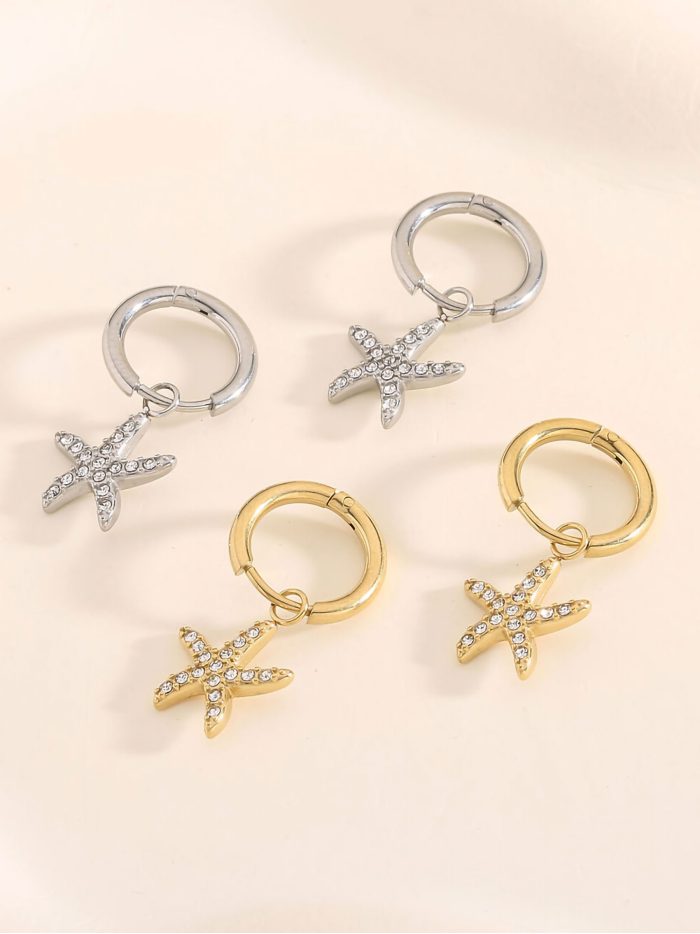 Boucles d'oreilles pendantes en forme d'étoile de mer avec zircones - Acier inoxydable