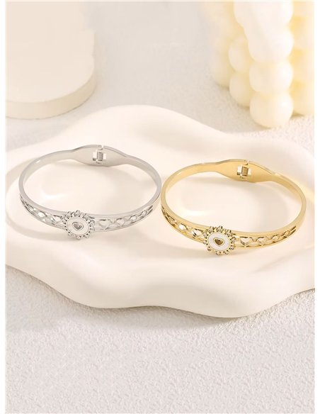 Pulsera rígida corazón de nácar con circonitas - Acero inoxidable