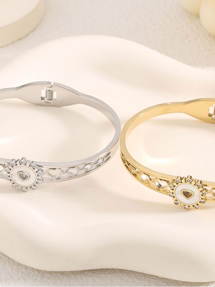 Pulsera rígida corazón de nácar con circonitas - Acero inoxidable