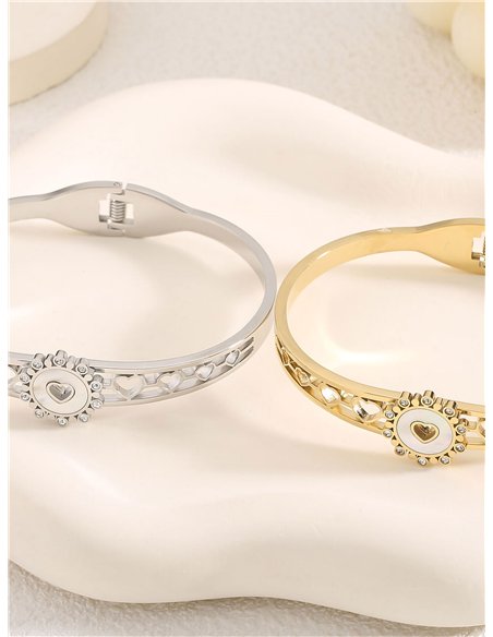 Pulsera rígida corazón de nácar con circonitas - Acero inoxidable