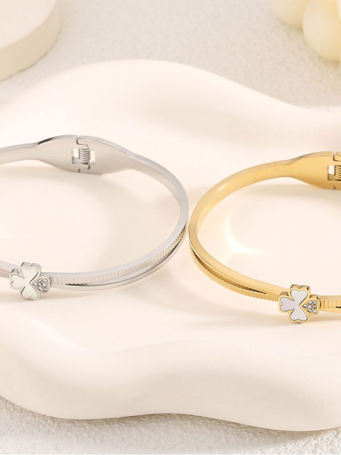 Pulsera rígida trébol de nácar con circonitas - Acero inoxidable