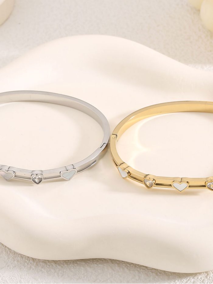 Pulsera rígida corazones de nácar con circonitas - Acero inoxidable