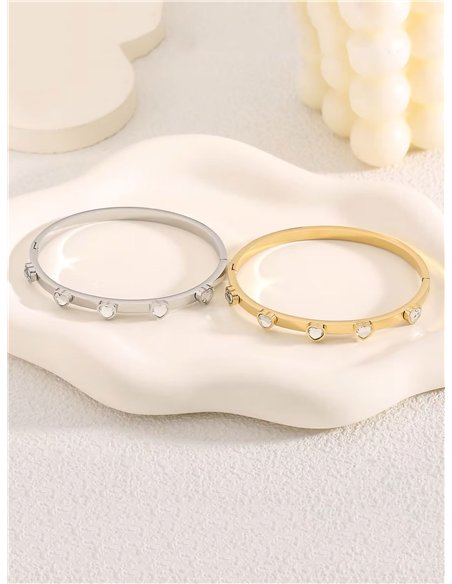 Pulsera rígida corazones de nácar con circonitas - Acero inoxidable