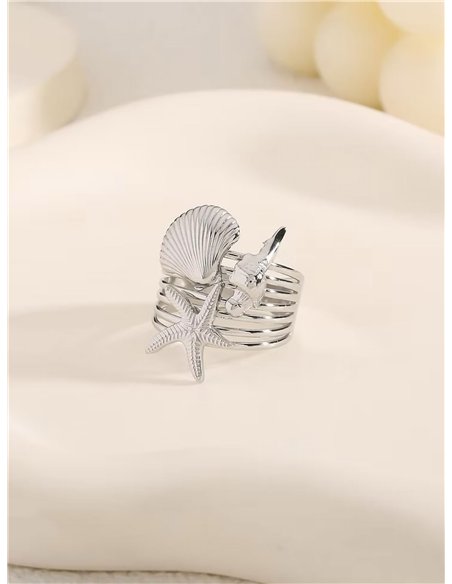 Anillo conchas y estrella de mar - Acero inoxidable