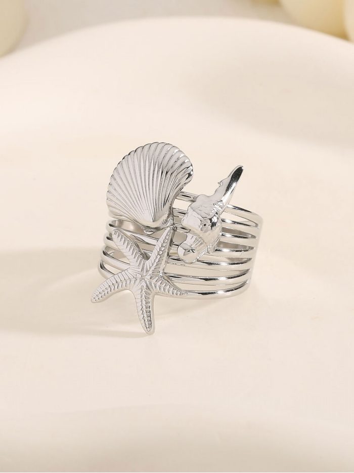 Anillo conchas y estrella de mar - Acero inoxidable