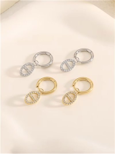 Pendientes aros colgantes ovalados con circonitas  - Acero inoxidable