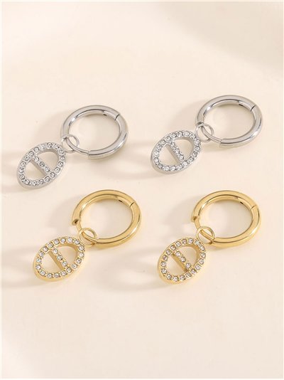 Pendientes aros colgantes ovalados con circonitas  - Acero inoxidable 2