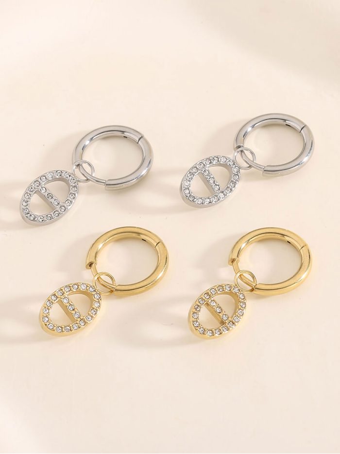 Pendientes aros colgantes ovalados con circonitas  - Acero inoxidable