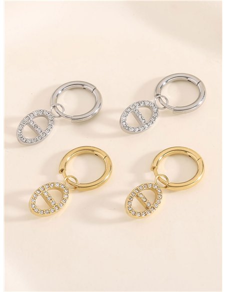 Pendientes aros colgantes ovalados con circonitas  - Acero inoxidable