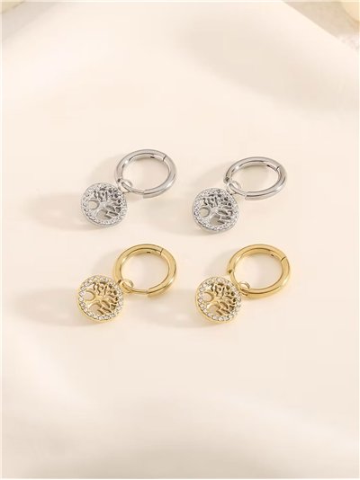 Pendientes aros colgantes árbol de la vida con circonitas  - Acero inoxidable