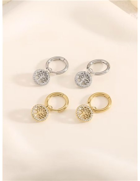 Pendientes aros colgantes árbol de la vida con circonitas  - Acero inoxidable