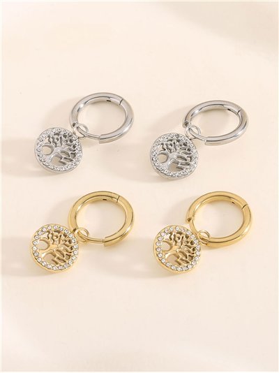 Pendientes aros colgantes árbol de la vida con circonitas  - Acero inoxidable 2