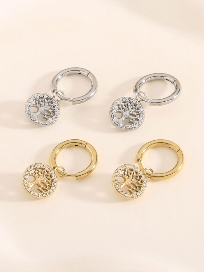 Pendientes aros colgantes árbol de la vida con circonitas  - Acero inoxidable