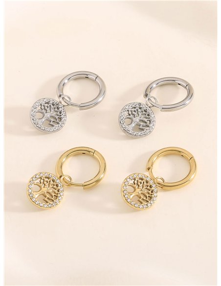 Pendientes aros colgantes árbol de la vida con circonitas  - Acero inoxidable