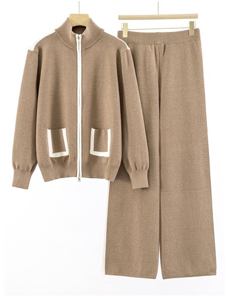 Conjunto Chaqueta punto contraste cuello perkins + Pantalón