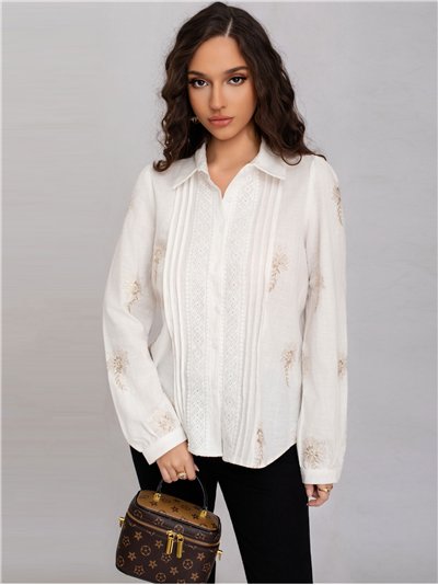 Camisa bordada floral pliegues puntillas