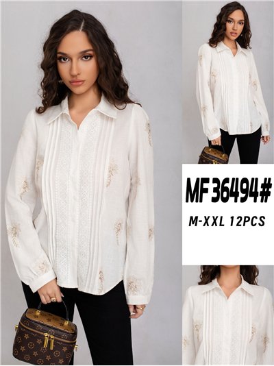 Camisa bordada floral pliegues puntillas 2