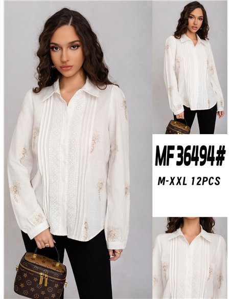 Camisa bordada floral pliegues puntillas