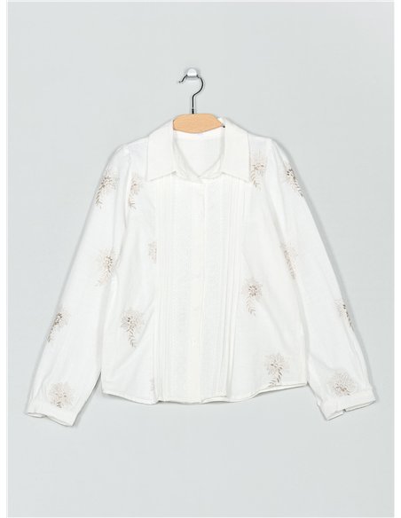 Camisa bordada floral pliegues puntillas